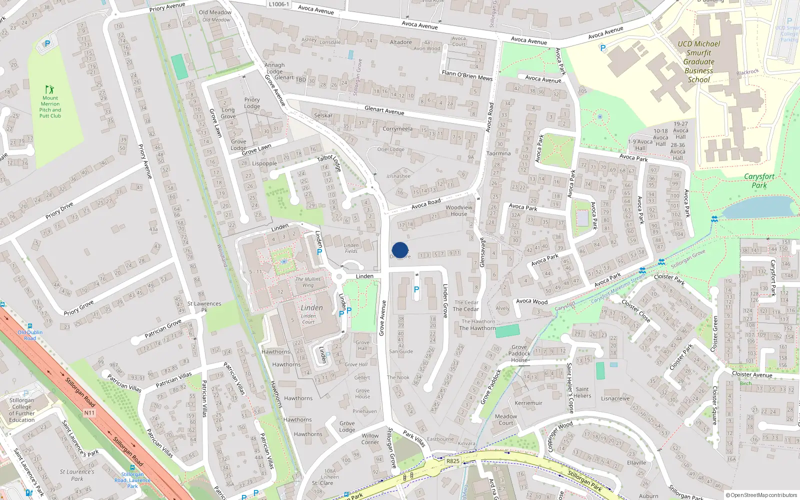 Overhead map showing the location of Clonoe, 11 Grove Avenue, Blackrock