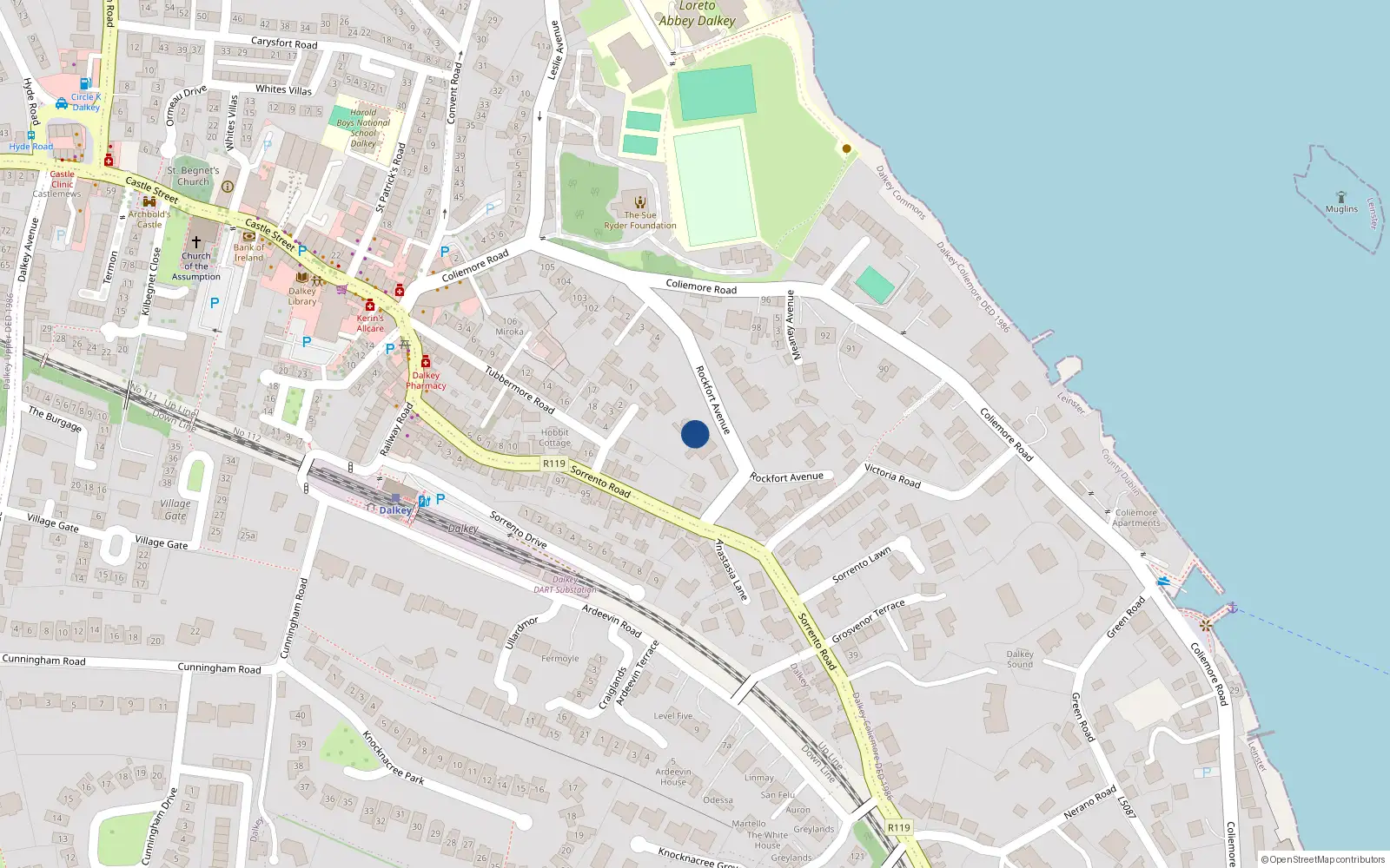 Overhead map showing the location of Rockfort Avenue, Dalkey