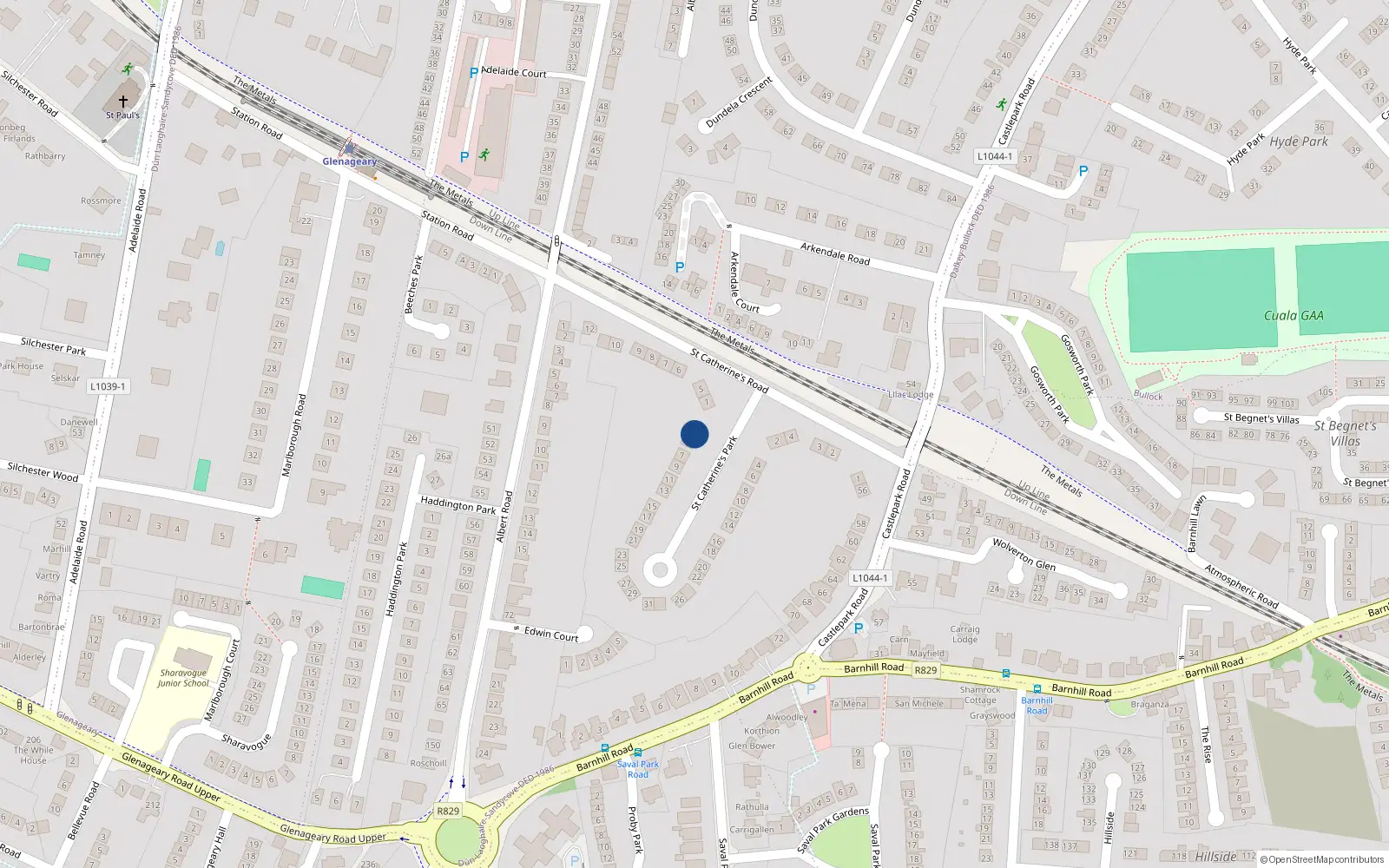 Overhead map showing the location of Clovelly 3 St Catherines Park, Glenageary, Dublin