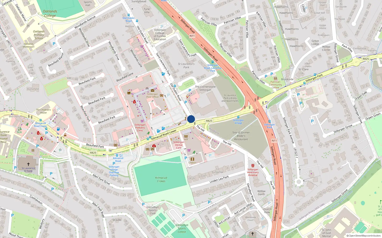 Overhead map showing the location of Old Dublin Road, Stillorgan