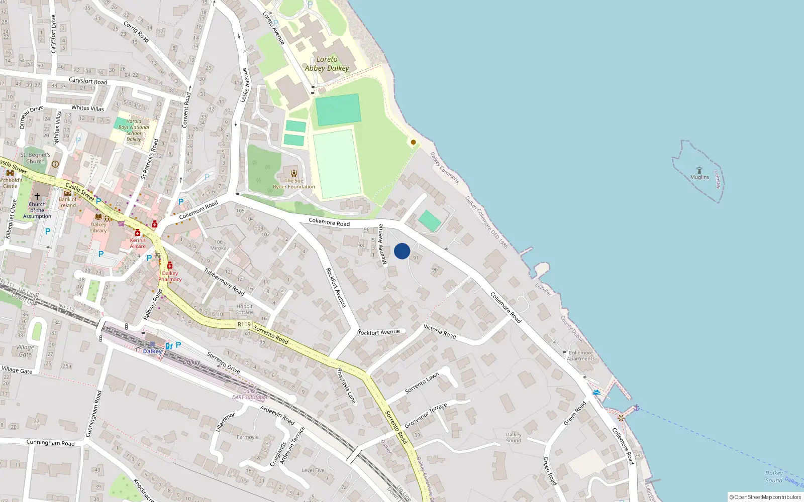 Overhead map showing the location of Cnoc Aluinn, 92 Coliemore Road, Dalkey