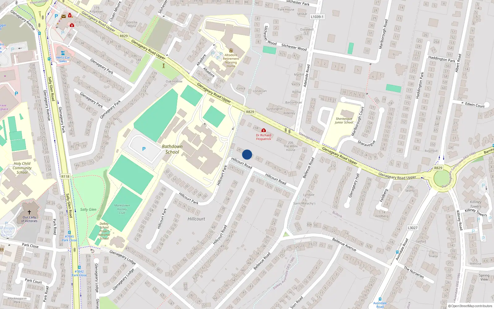 Overhead map showing the location of 20 Hillcourt Road, Glenageary