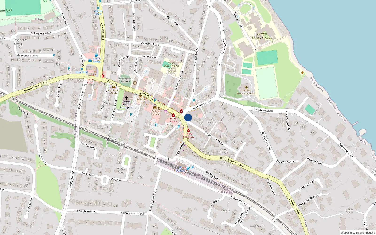 Overhead map showing the location of 115/116 Coliemore Road, Co Dublin