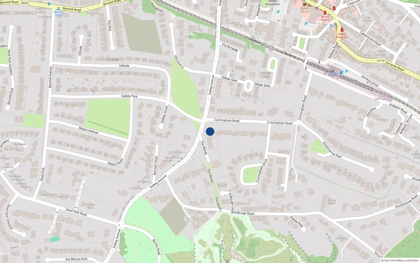 Overhead map showing the location of 21 Dalkey Avenue, Dalkey