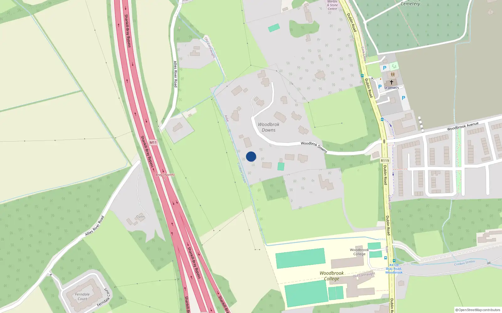 Overhead map showing the location of 4 Woodbrook Downs, Bray