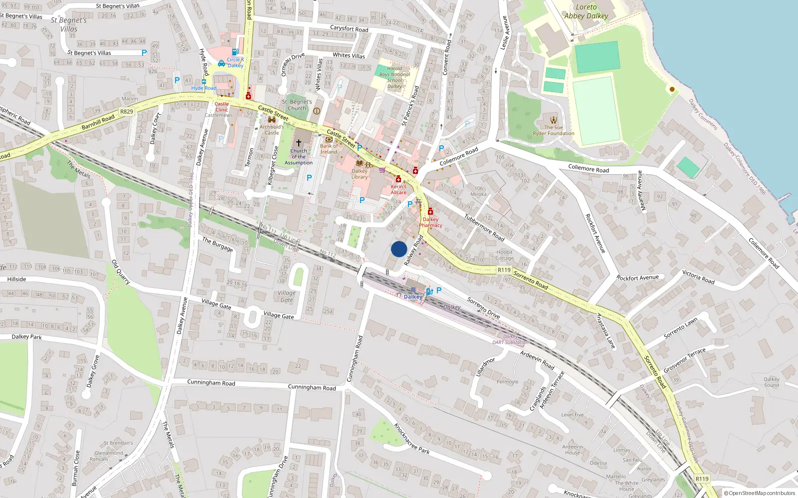 Overhead map showing the location of Coolbawn, 13 Railway Road, Dalkey