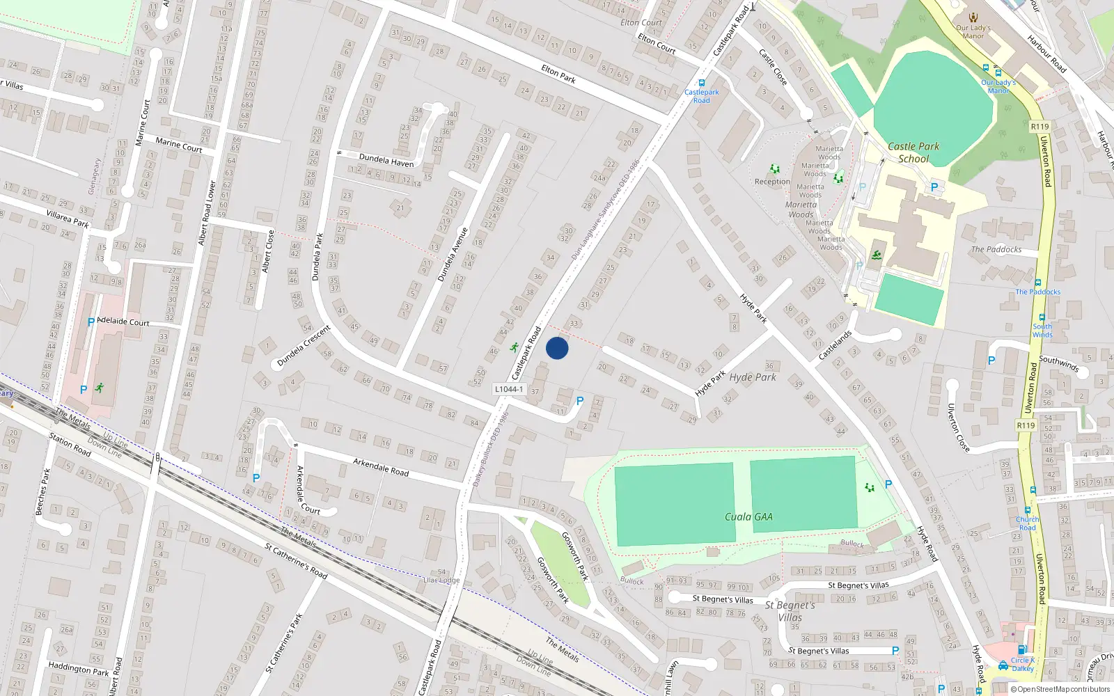 Overhead map showing the location of 35B Castle Park Road, Sandycove