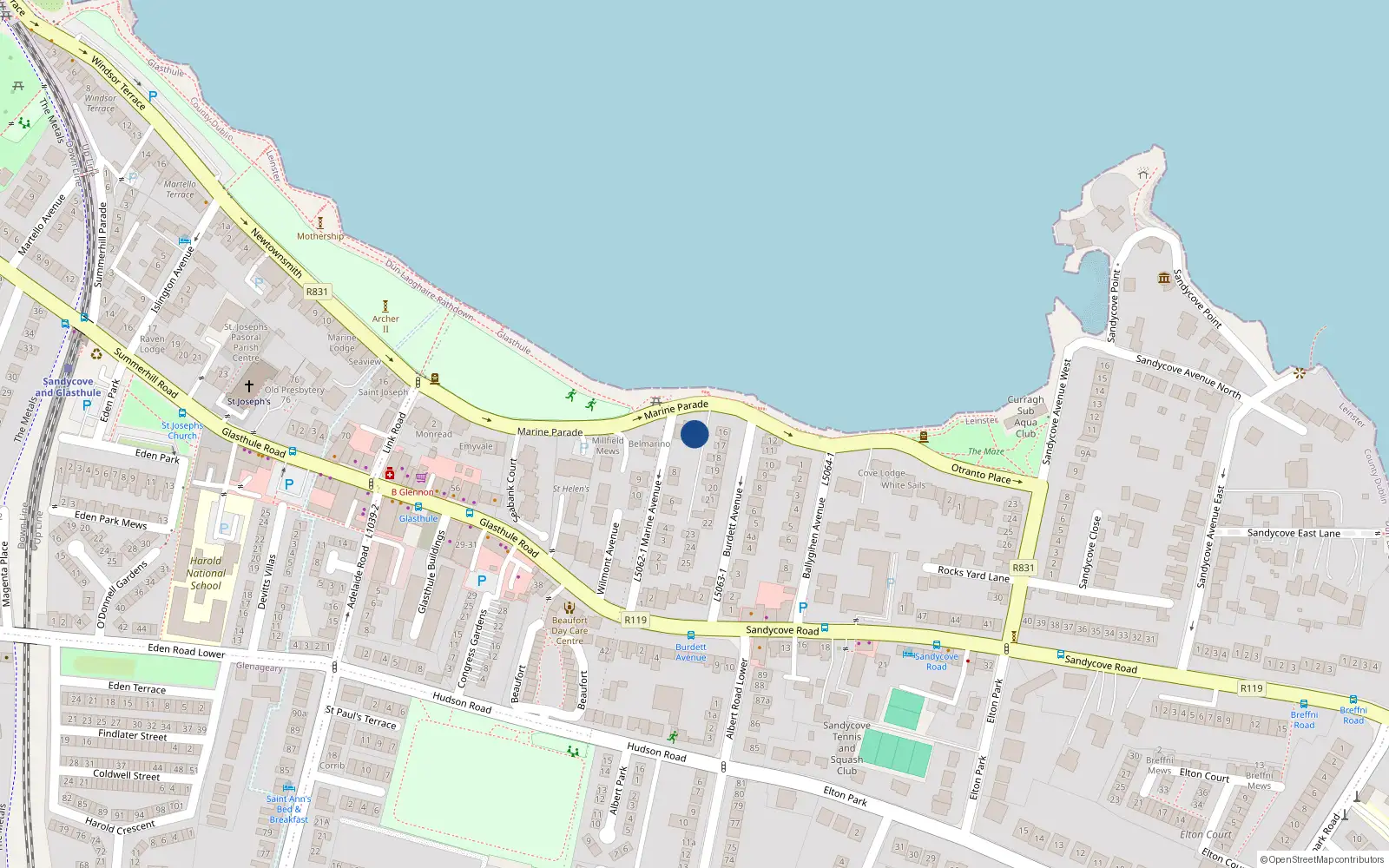 Overhead map showing the location of Cooleen, 12 Marine Parade, Sandycove