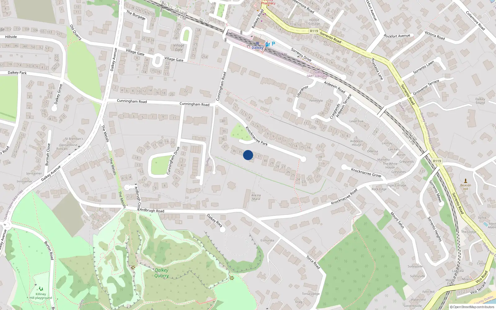 Overhead map showing the location of 33 Knock-Na-Cree Park,, Dalkey