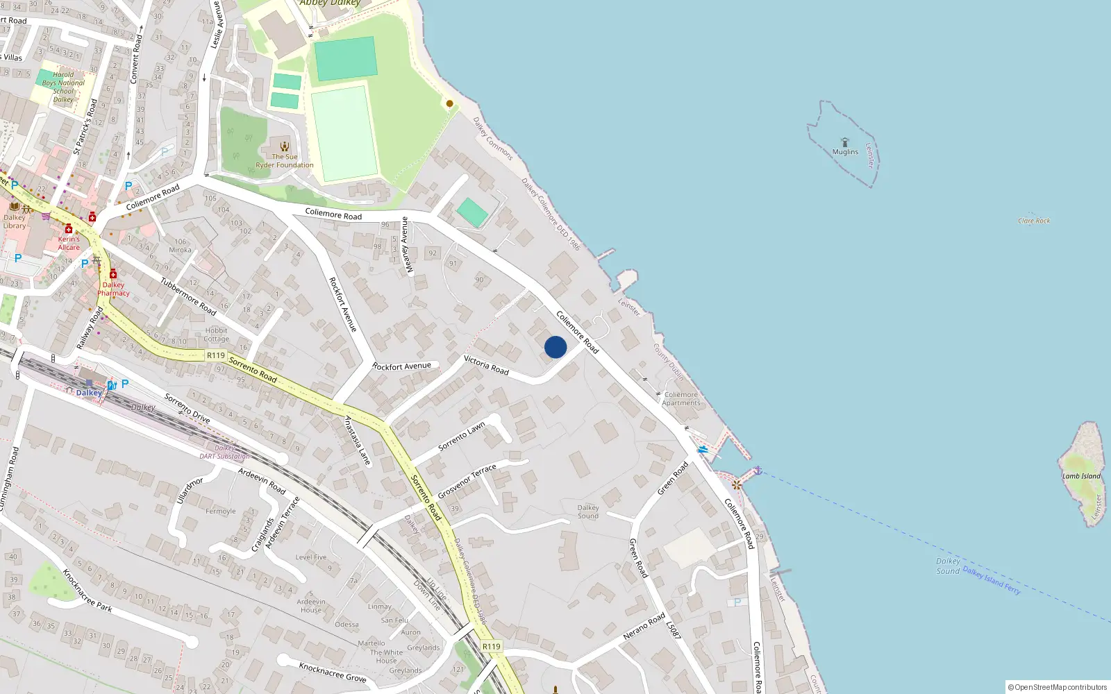 Overhead map showing the location of 81 Coliemore Road, Dalkey