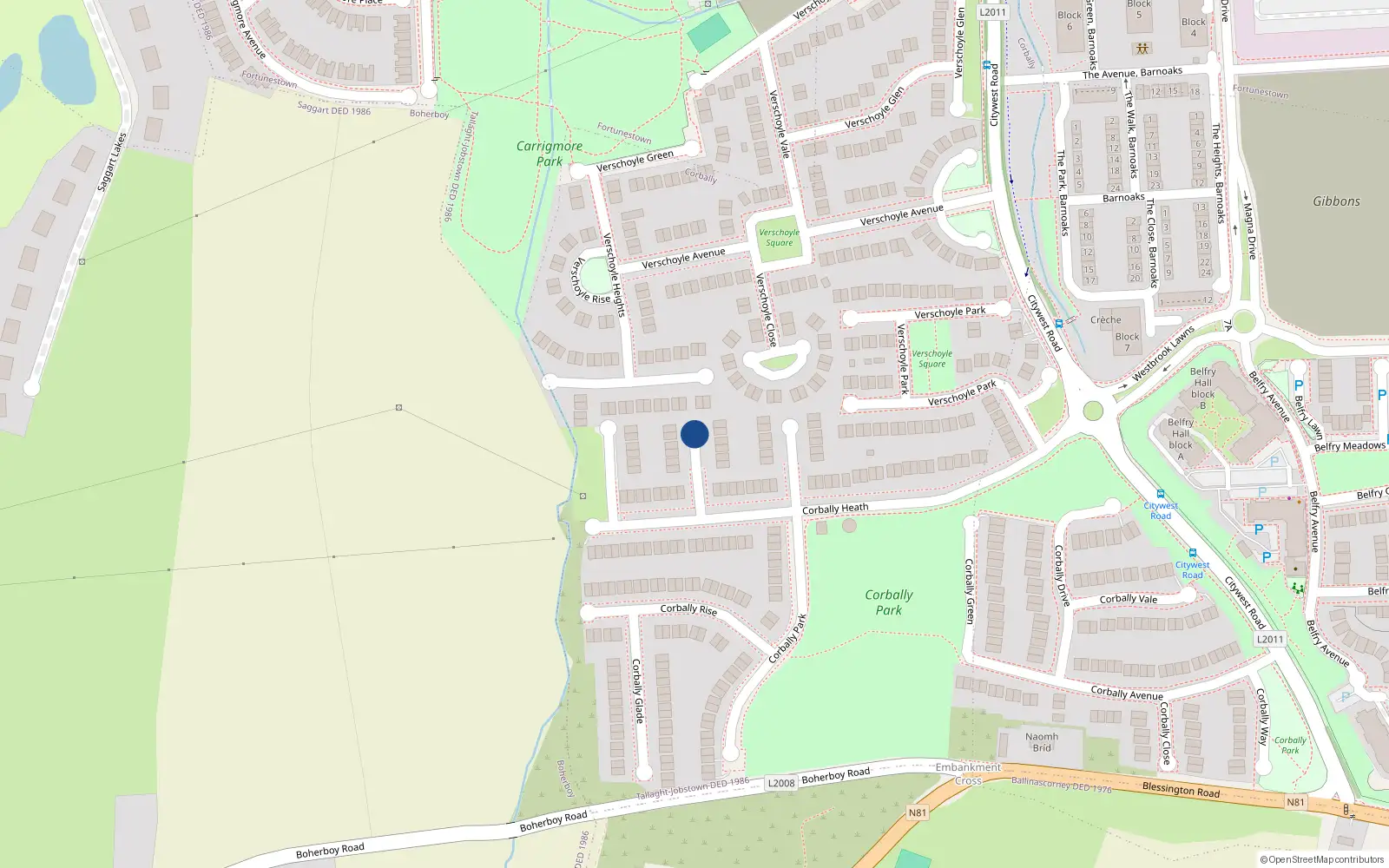 Overhead map showing the location of Corbally Downs, Saggart