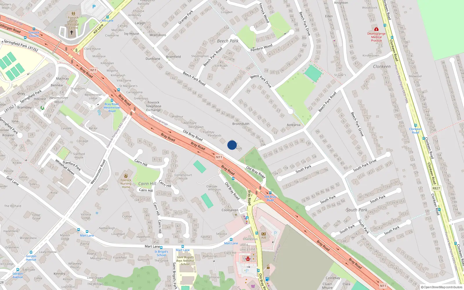 Overhead map showing the location of Bray Road, Dublin 18