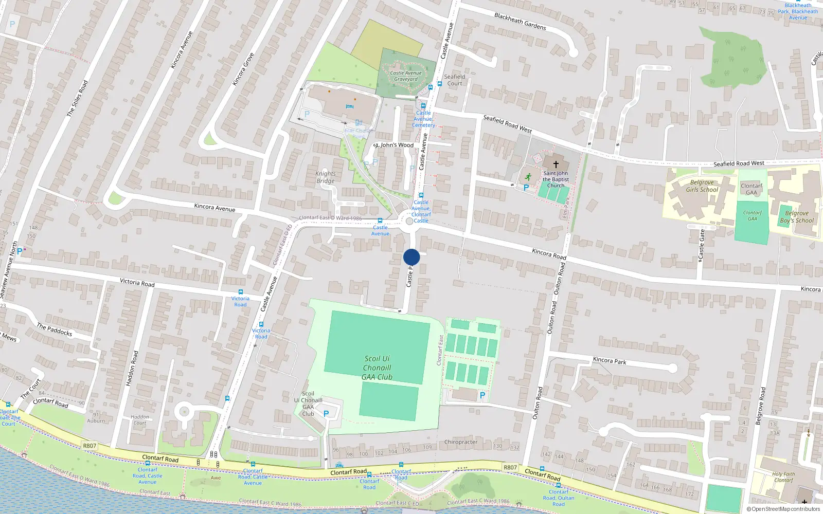 Overhead map showing the location of Castle Road, Clontarf