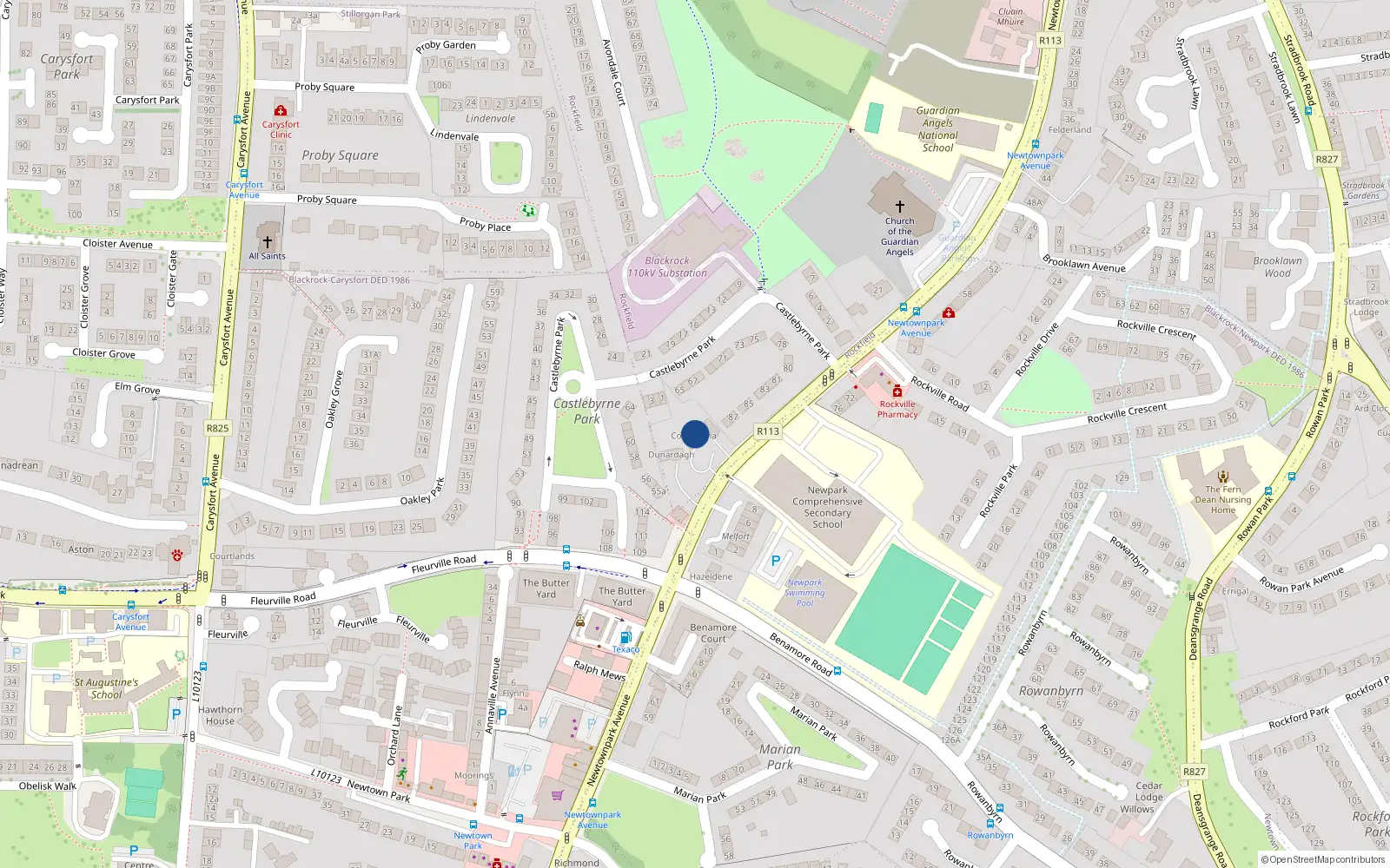 Overhead map showing the location of Rockfield, Dublin, Co. Dublin
