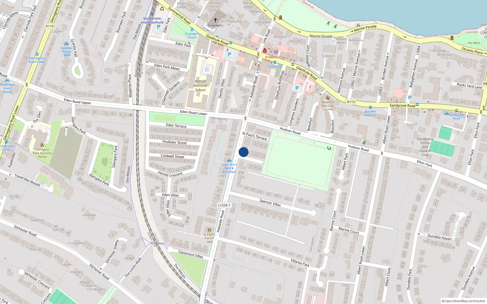 Overhead map showing the location of Corrib, 18 Adelaide Road, Glenageary