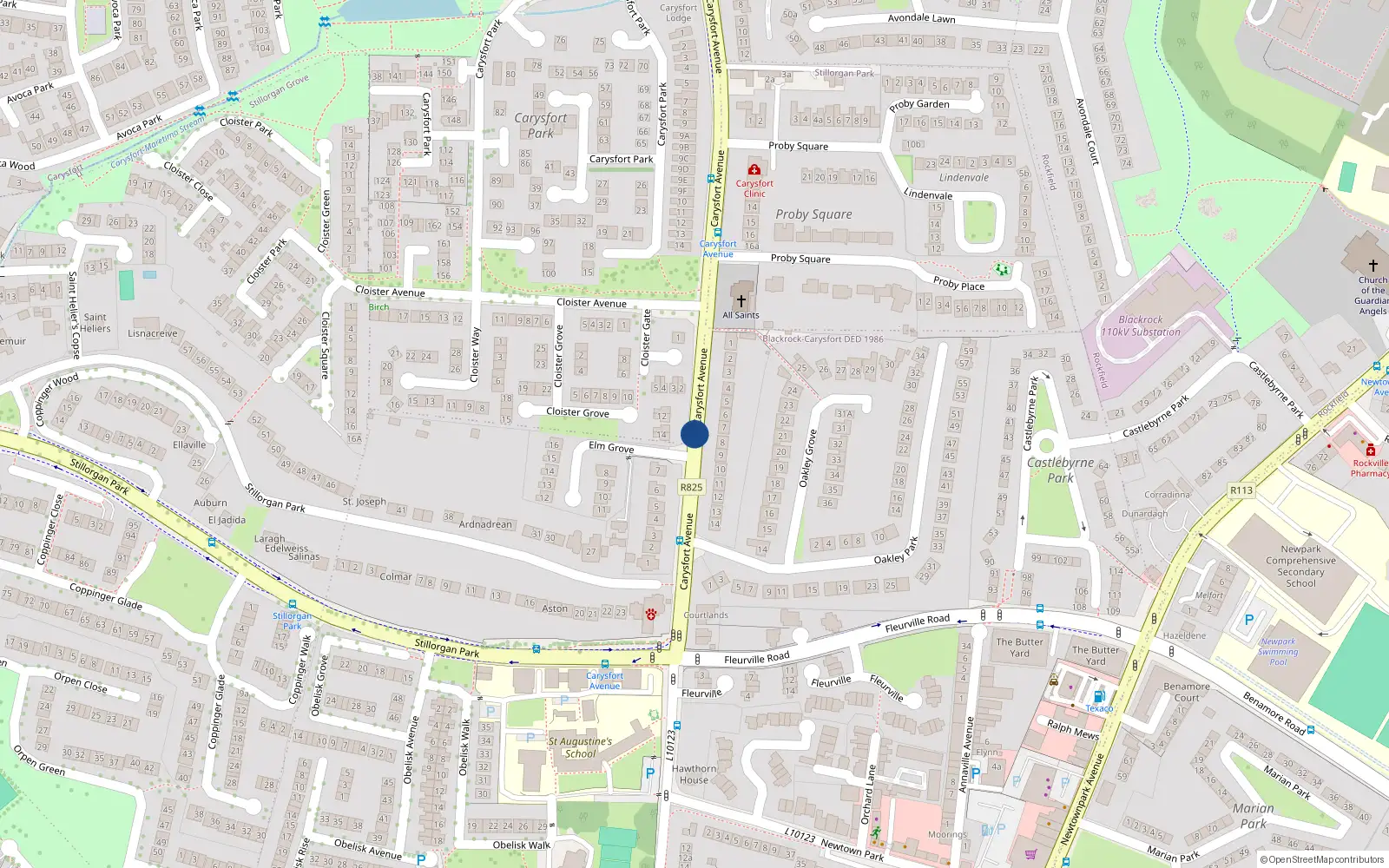 Overhead map showing the location of Upper Carysfort Avenue, Blackrock