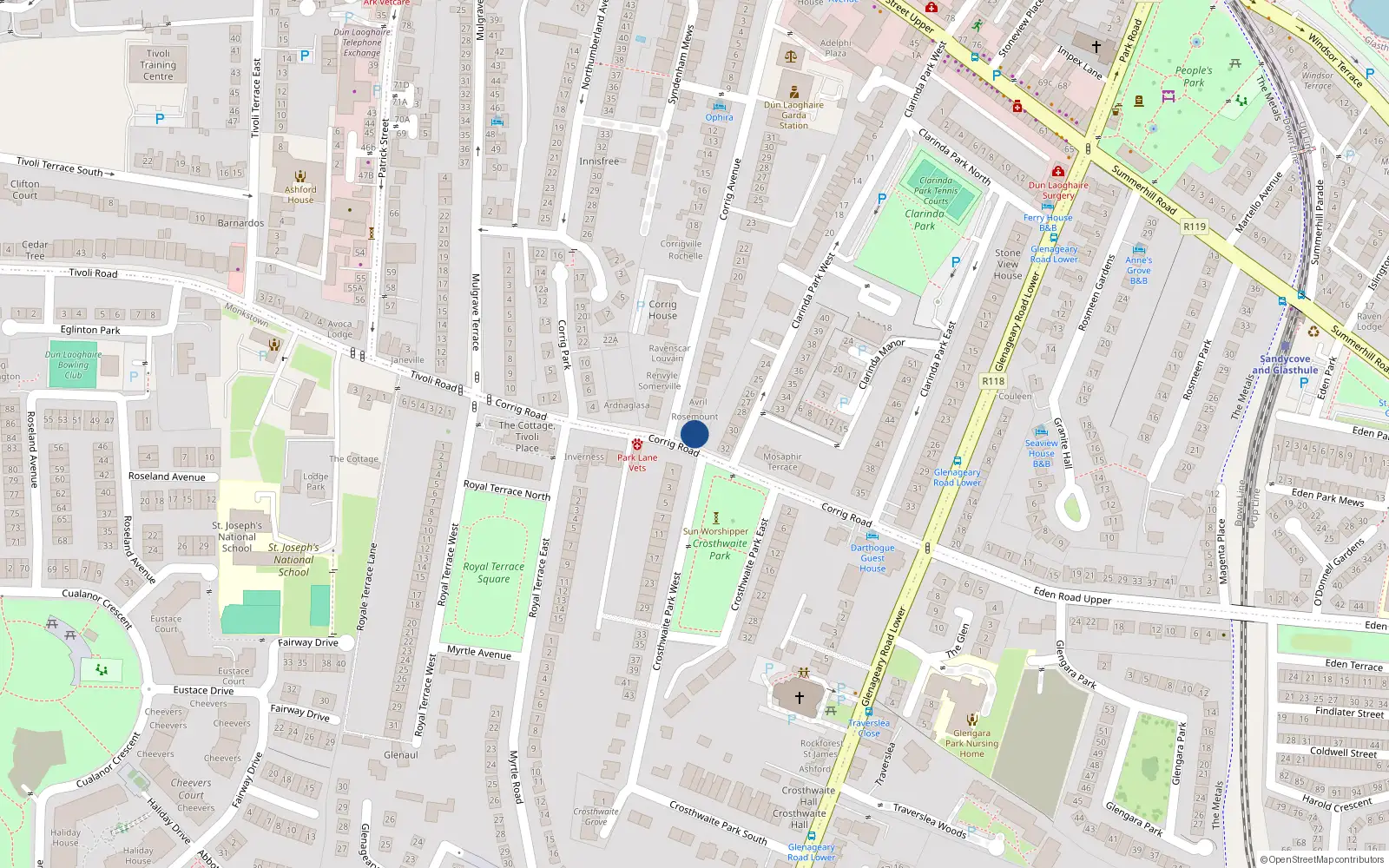 Overhead map showing the location of Corrig Road, Dun Laoghaire