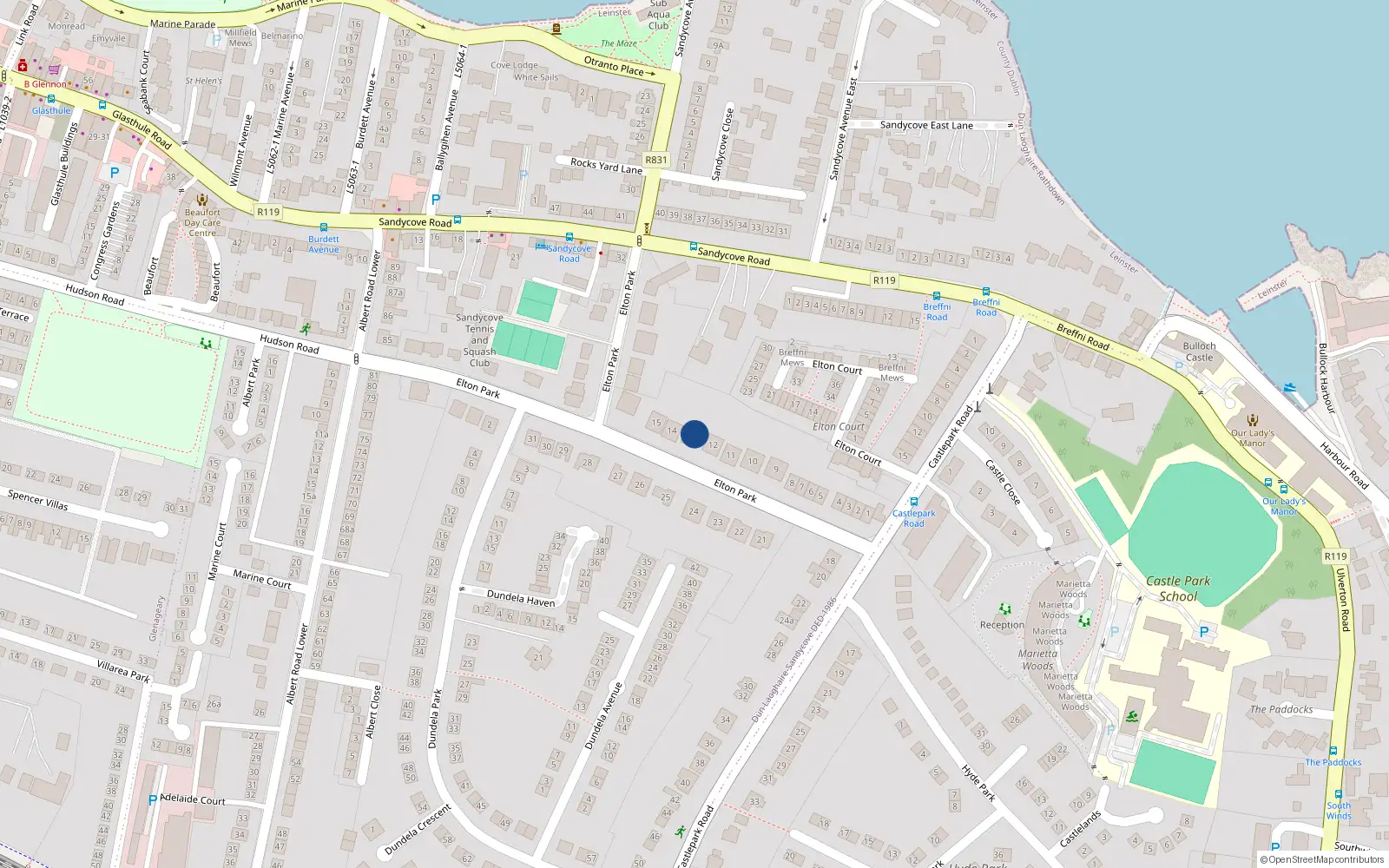 Overhead map showing the location of 13 Elton Park, Sandycove