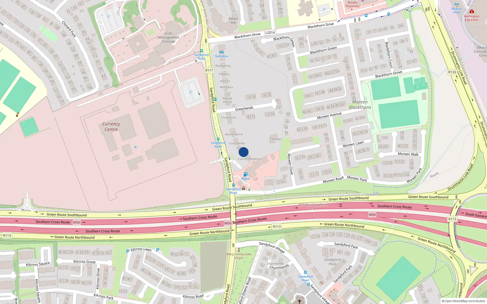 Overhead map showing the location of Sandyford Road, Dublin 16