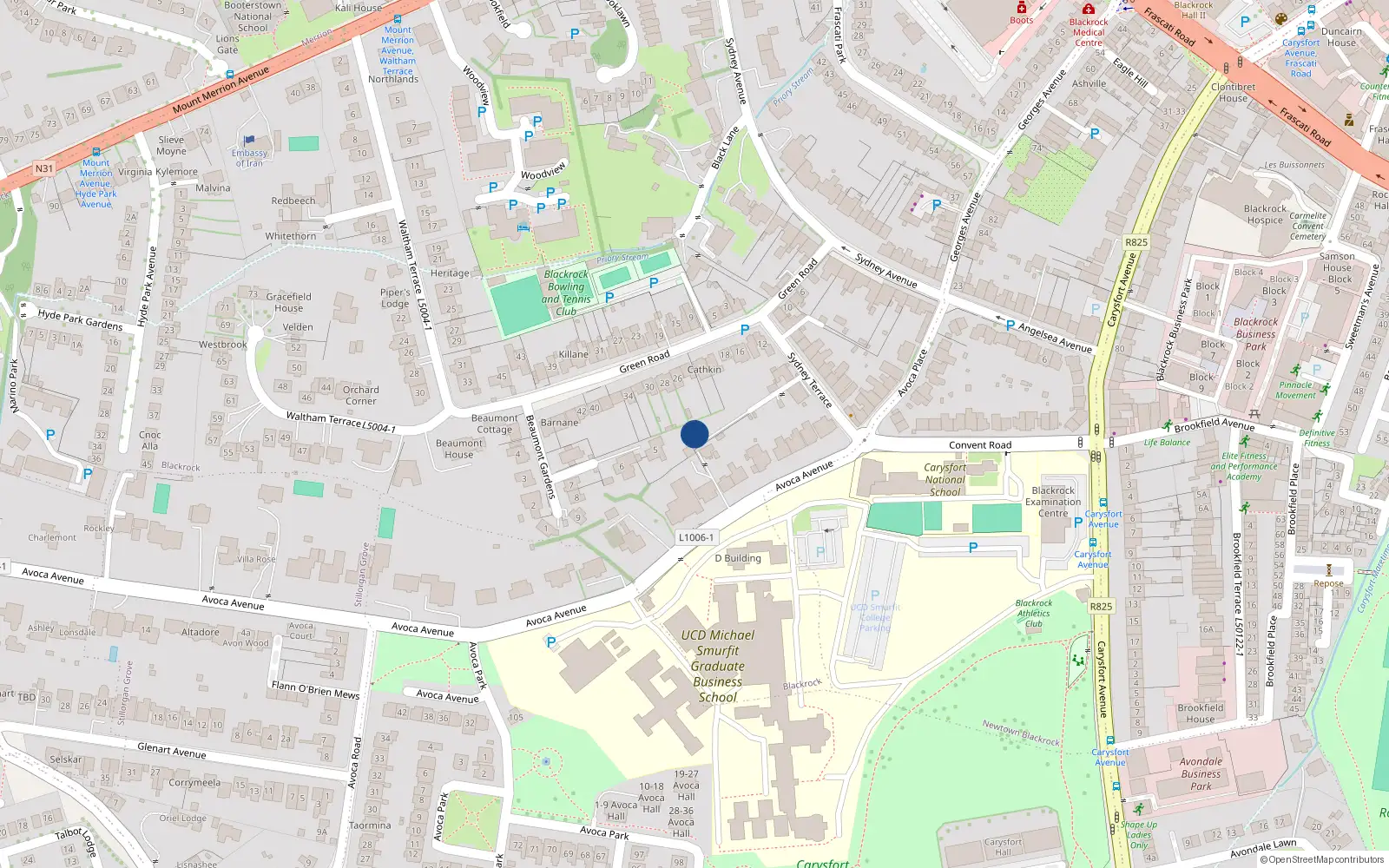 Overhead map showing the location of Blackrock, Dublin, Co. Dublin