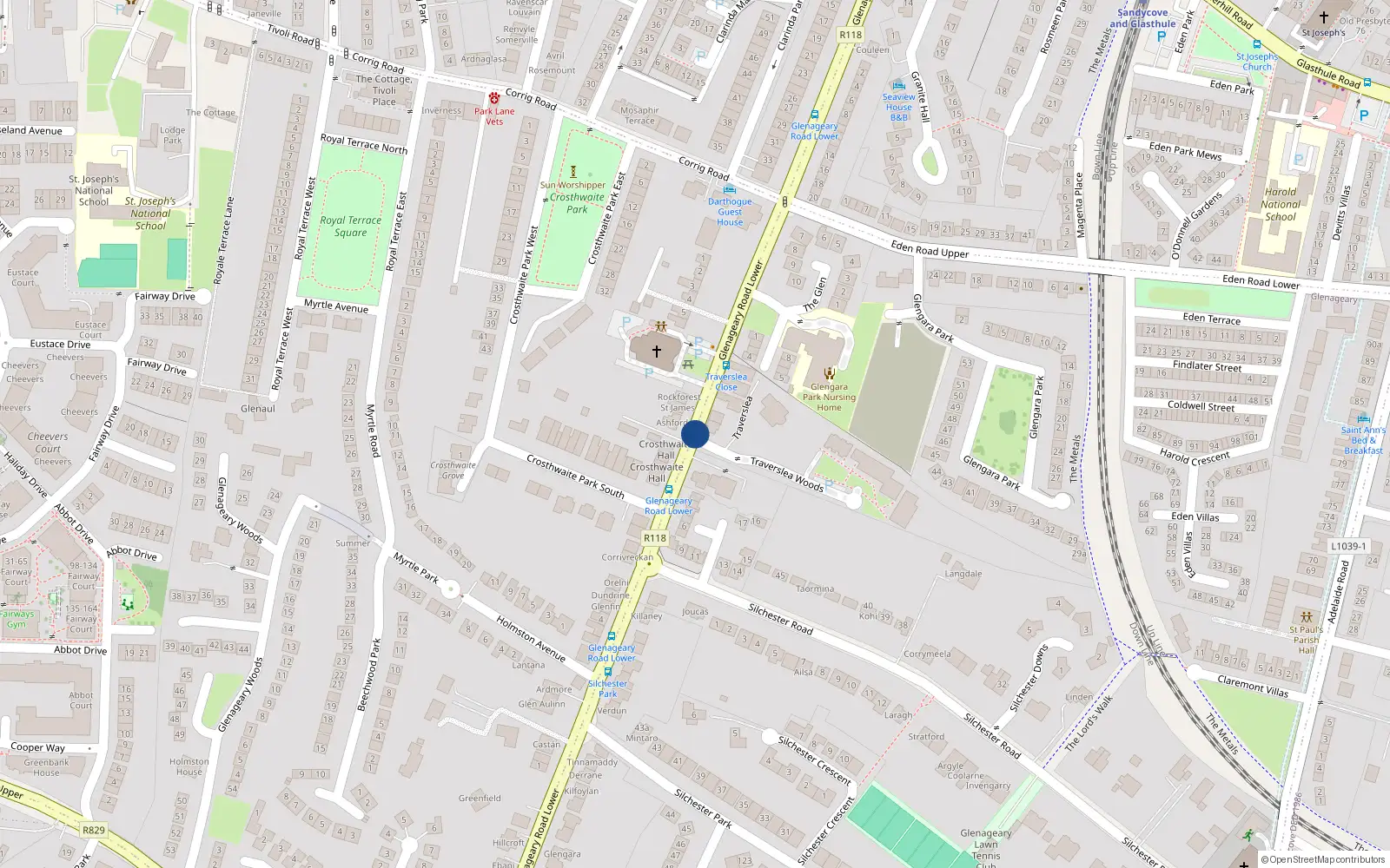 Overhead map showing the location of Glenageary Road Lower, Glenageary