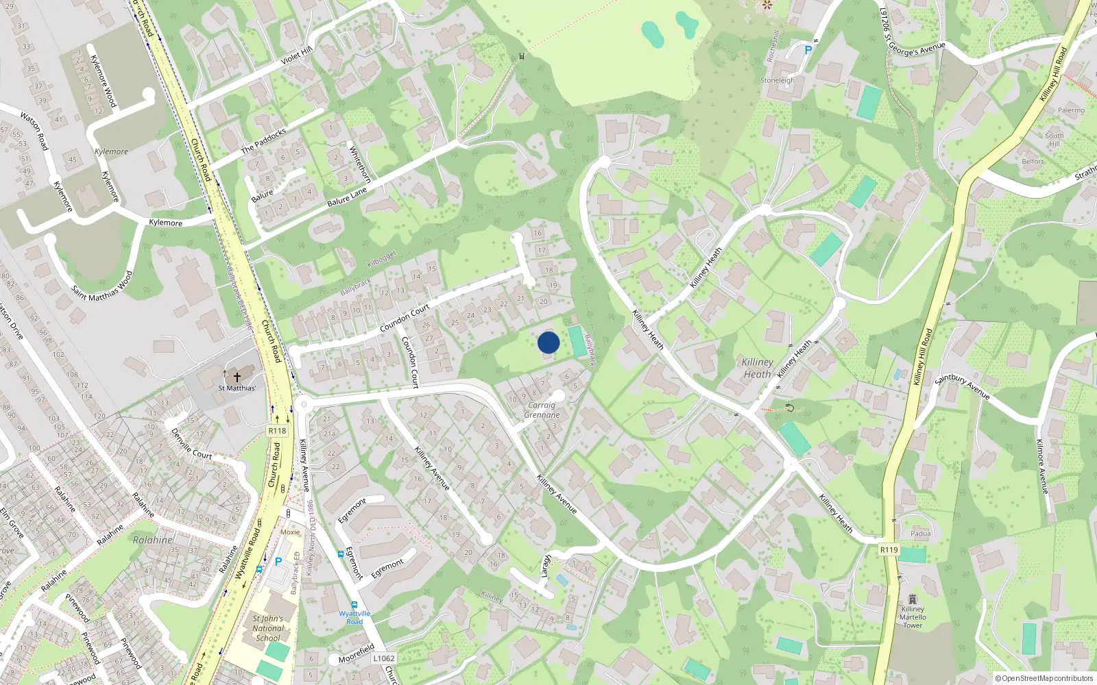 Overhead map showing the location of Killiney Avenue, Killiney
