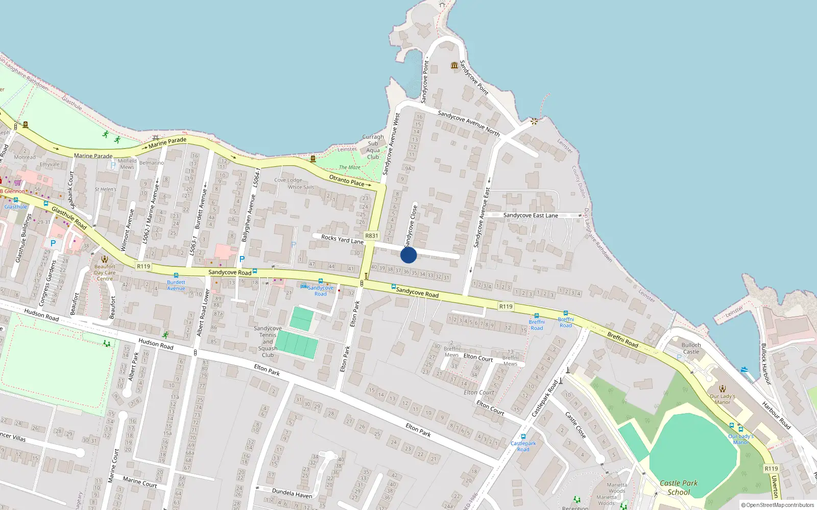 Overhead map showing the location of Sandycove Close, Sandycove