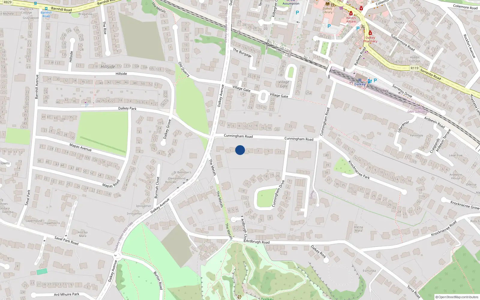 Overhead map showing the location of 3 Cunningham Road, Dalkey