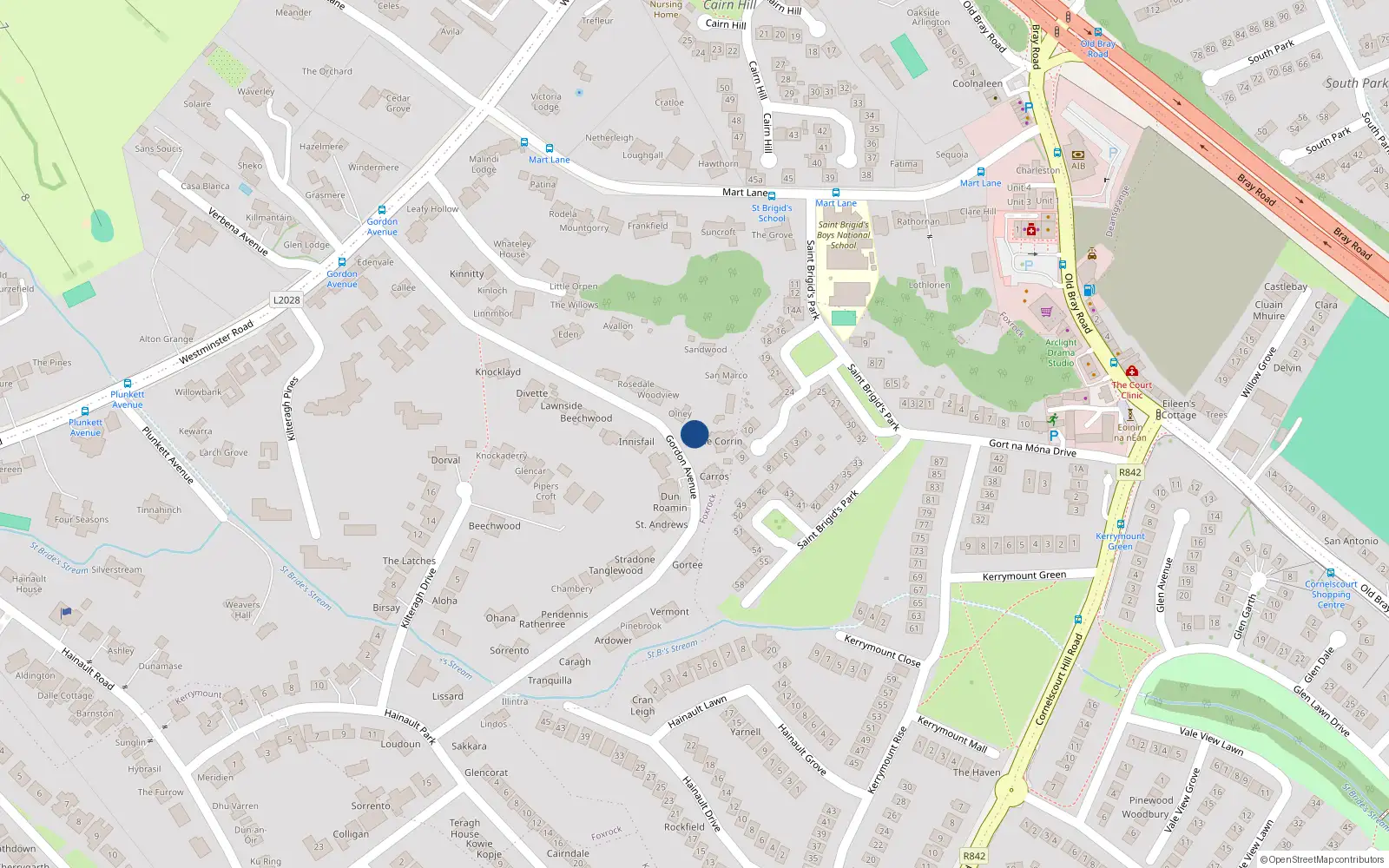 Overhead map showing the location of Gordon Avenue, Dublin 18