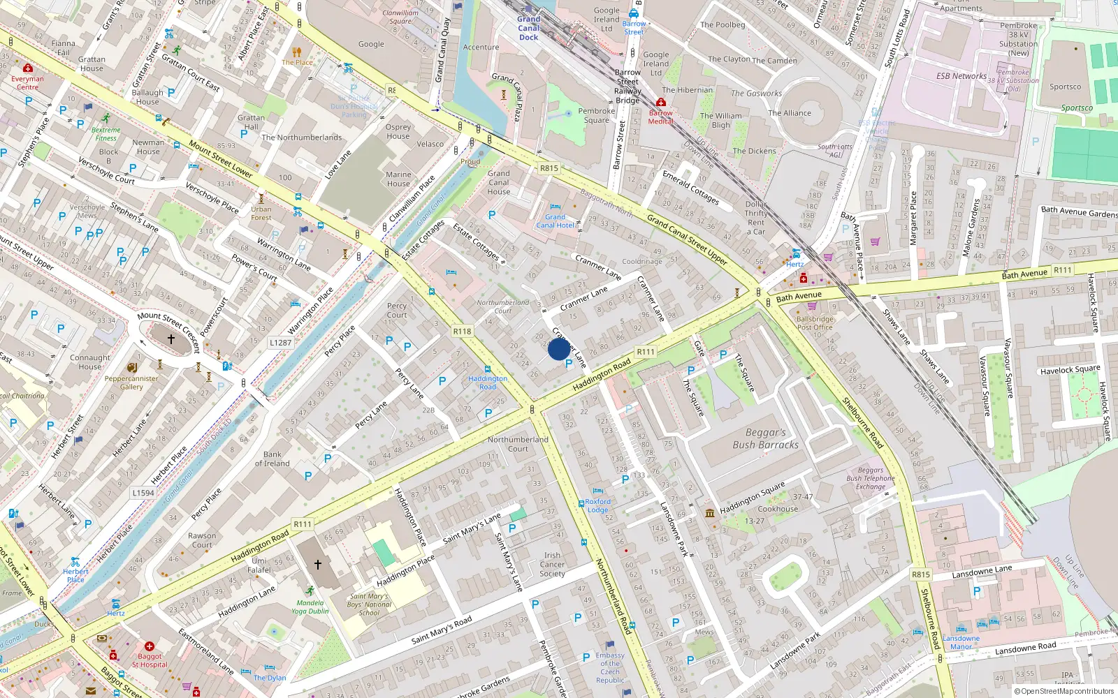 Overhead map showing the location of 26A Cranmer Lane, Ballsbridge Dublin 4