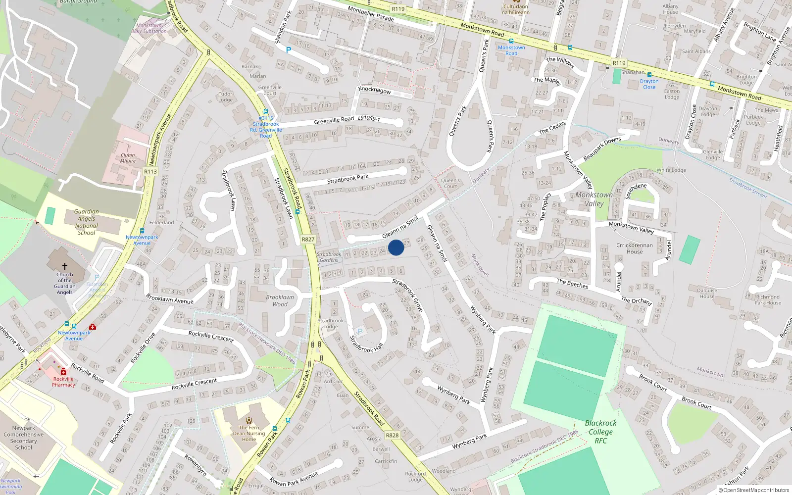Overhead map showing the location of Crannog, 26 Gleann na Smol, Monkstown