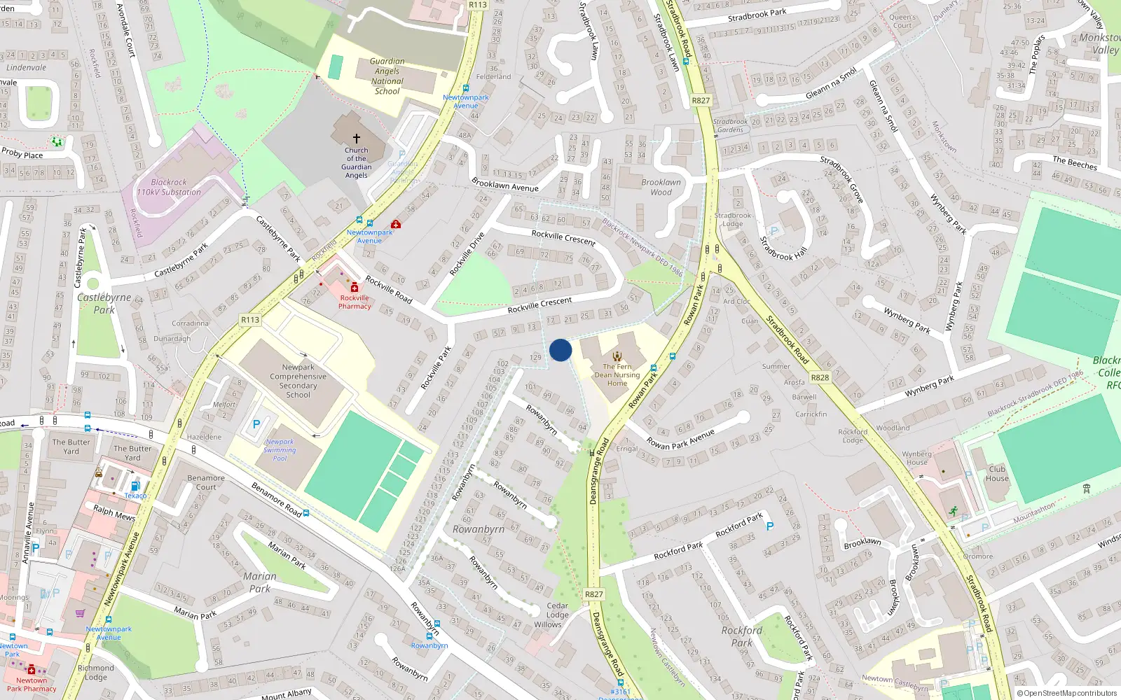Overhead map showing the location of Rockville Crescent, Blackrock