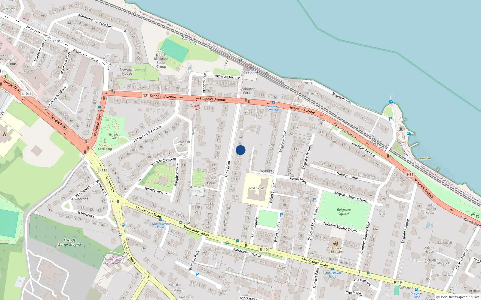 Overhead map showing the location of 8 Alma Road, Monkstown