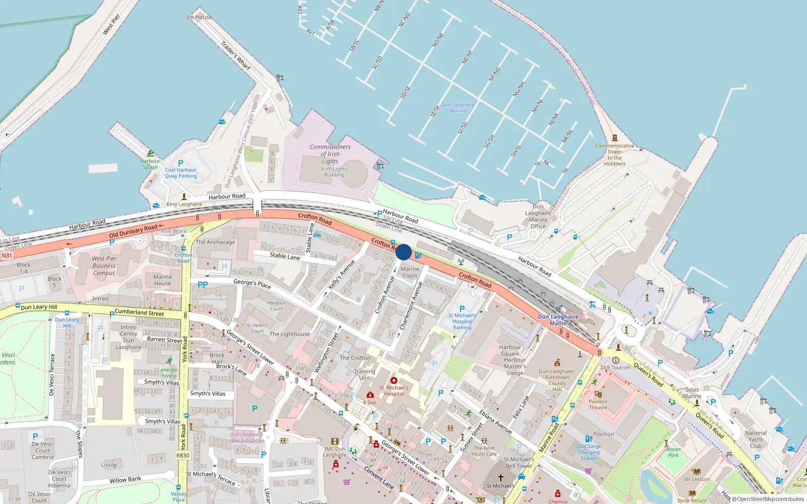 Overhead map showing the location of Crofton Road, Dun Laoghaire