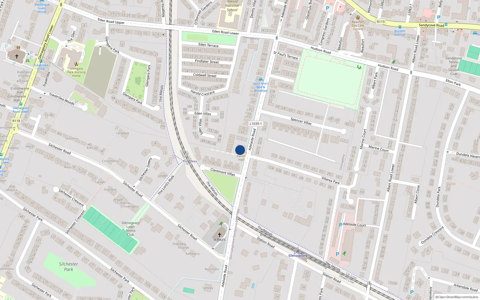 Overhead map showing the location of 19 Adelaide Road, Glenageary