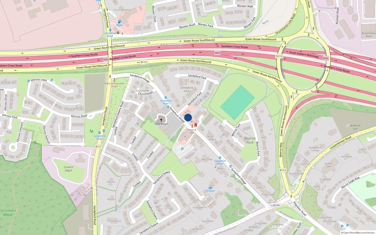 Overhead map showing the location of Sandyford Village, Sandyford, Dublin