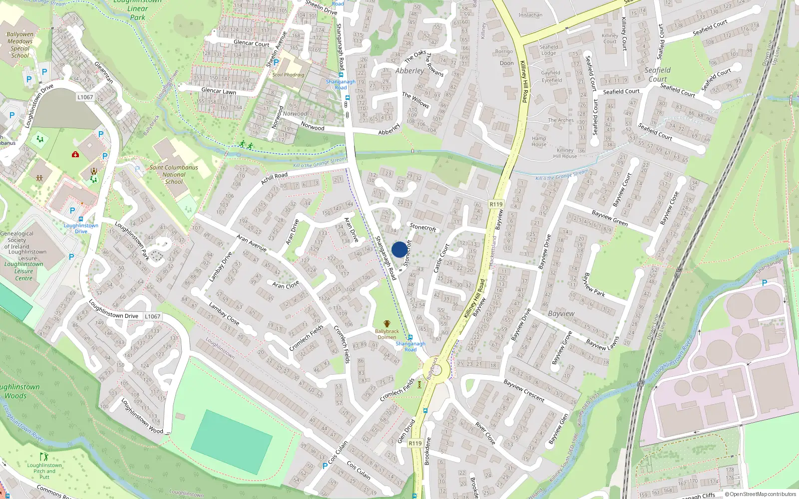 Overhead map showing the location of 17 Shanganagh Road, Killiney