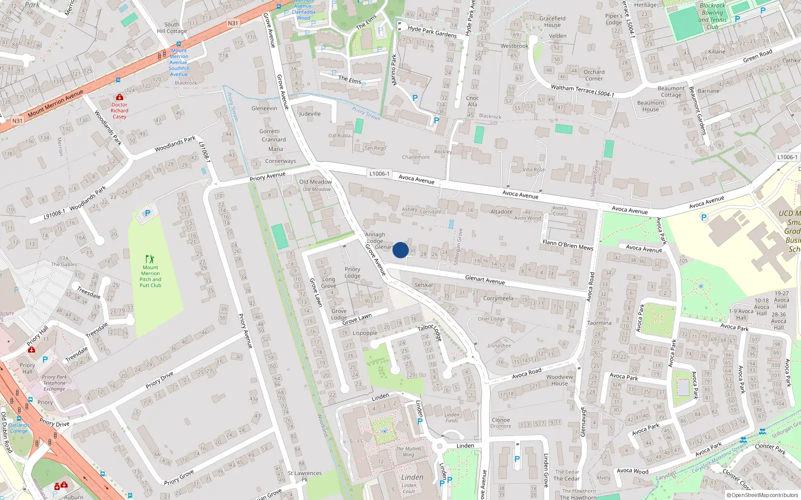Overhead map showing the location of Crossogs, 32 Glenart Avenue, Blackrock