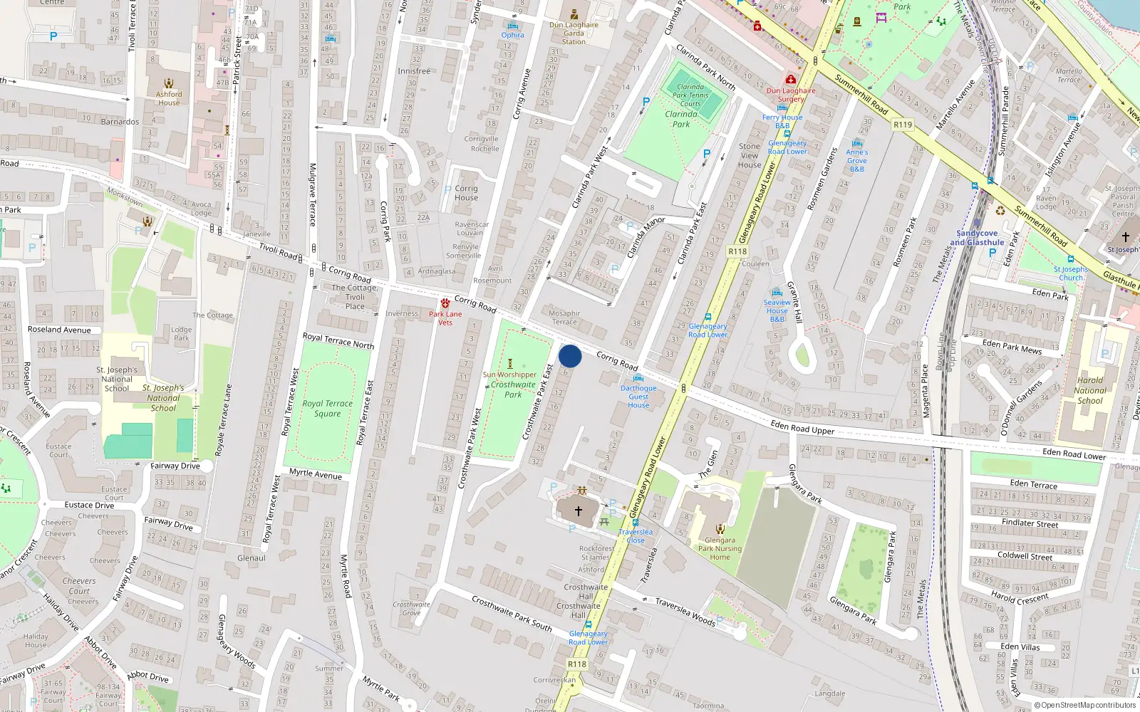 Overhead map showing the location of Crosthwaite House, 2 Crosthwaite Park East, Dun Laoghaire