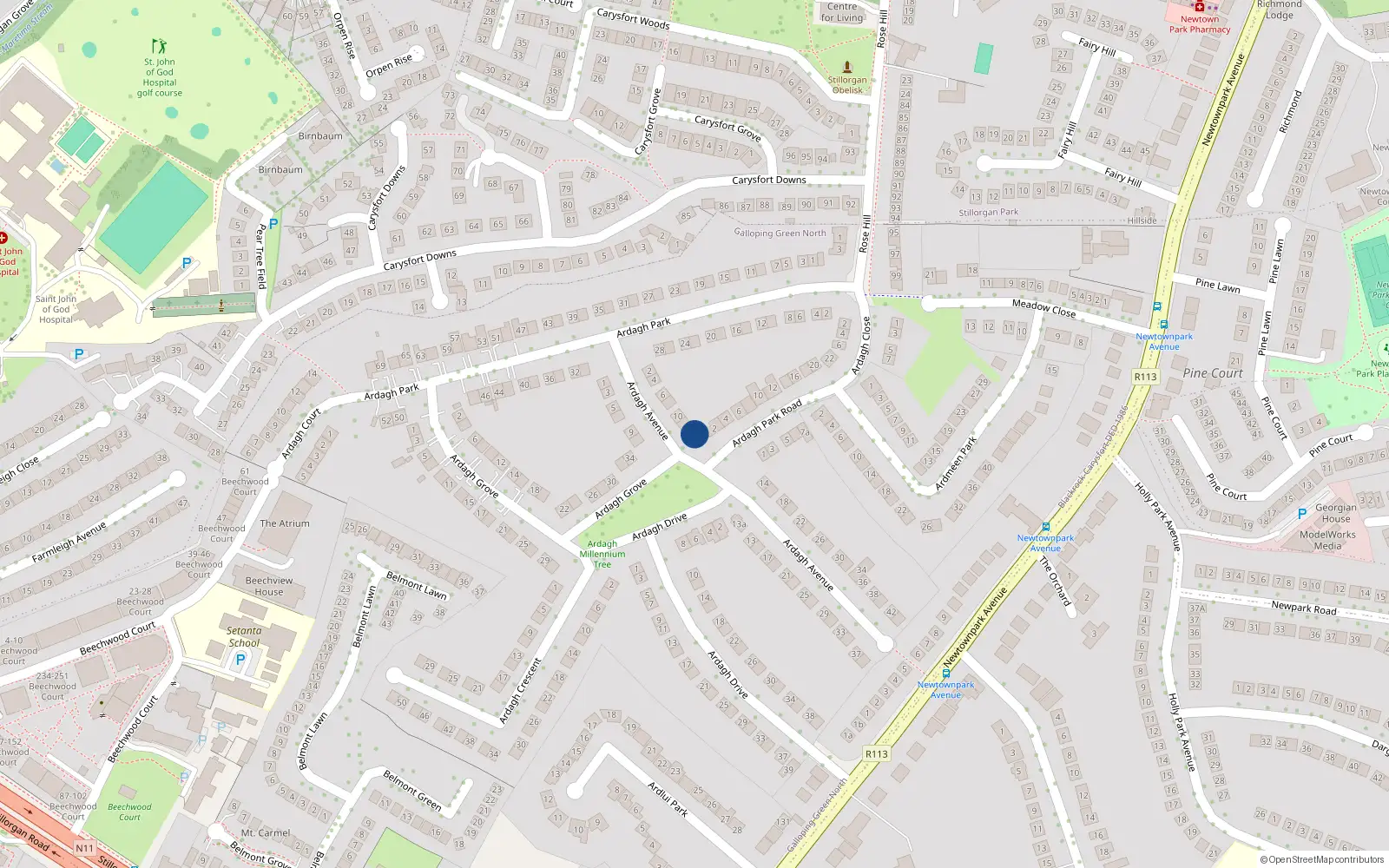Overhead map showing the location of 12A Ardagh Avenue, Blackrock