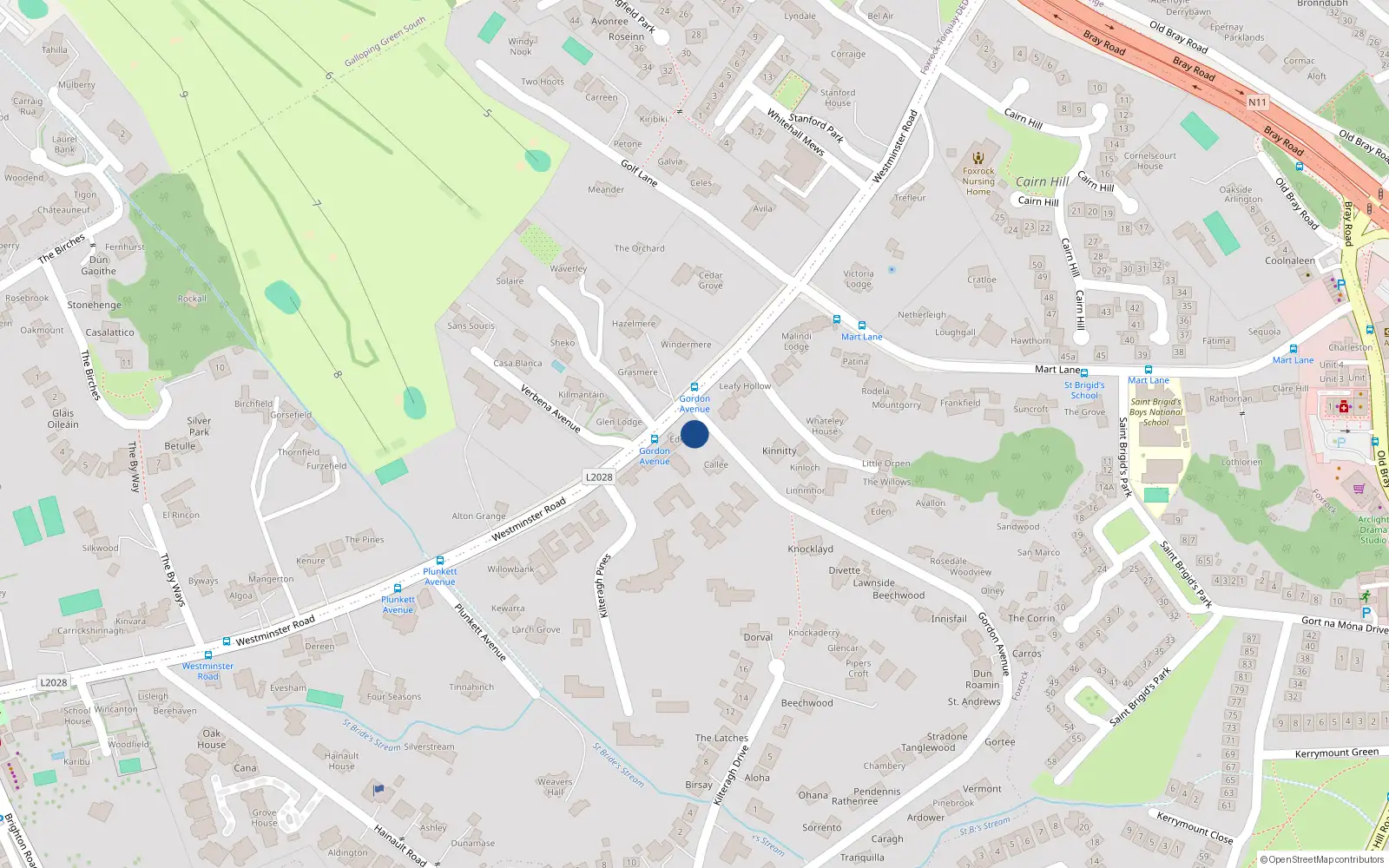 Overhead map showing the location of Gordon Avenue, Dublin 18