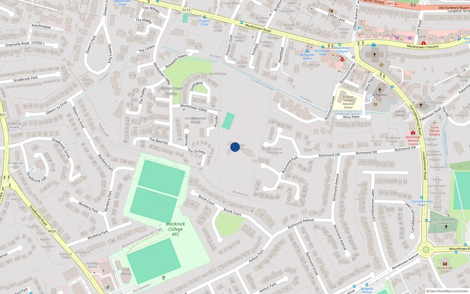 Overhead map showing the location of Monkstown, Dublin, Co. Dublin