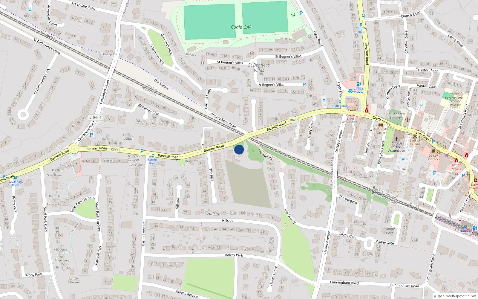 Overhead map showing the location of Barnhill Road, Dalkey