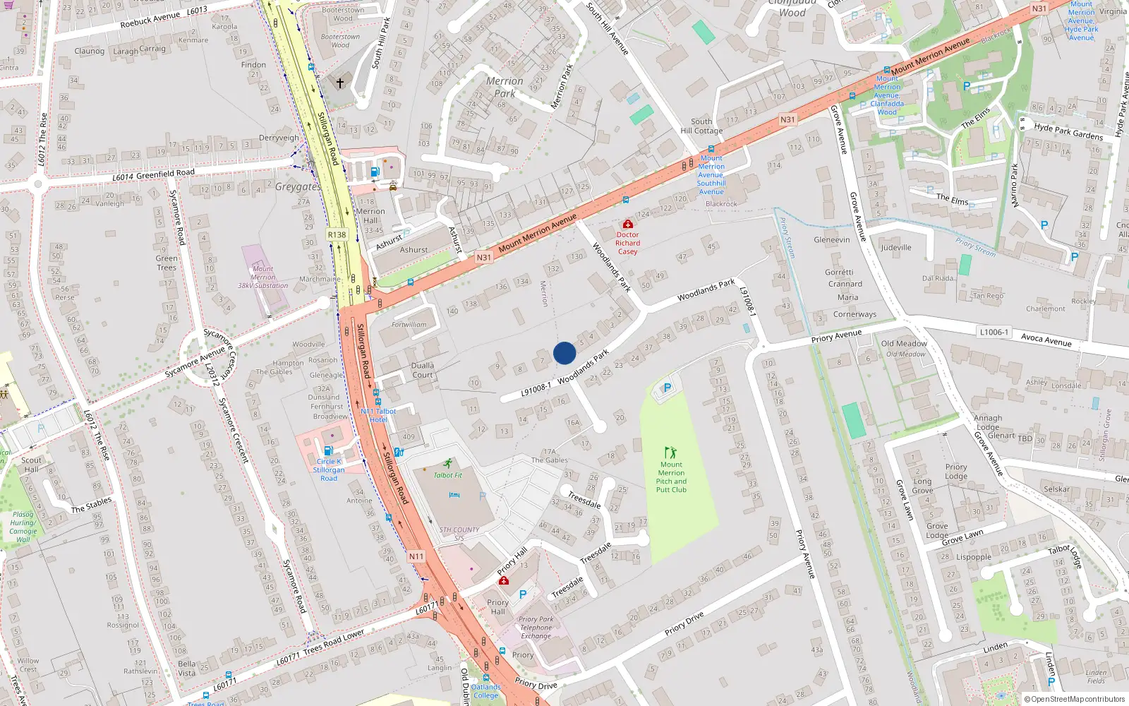 Overhead map showing the location of 6 Woodlands Park, Blackrock