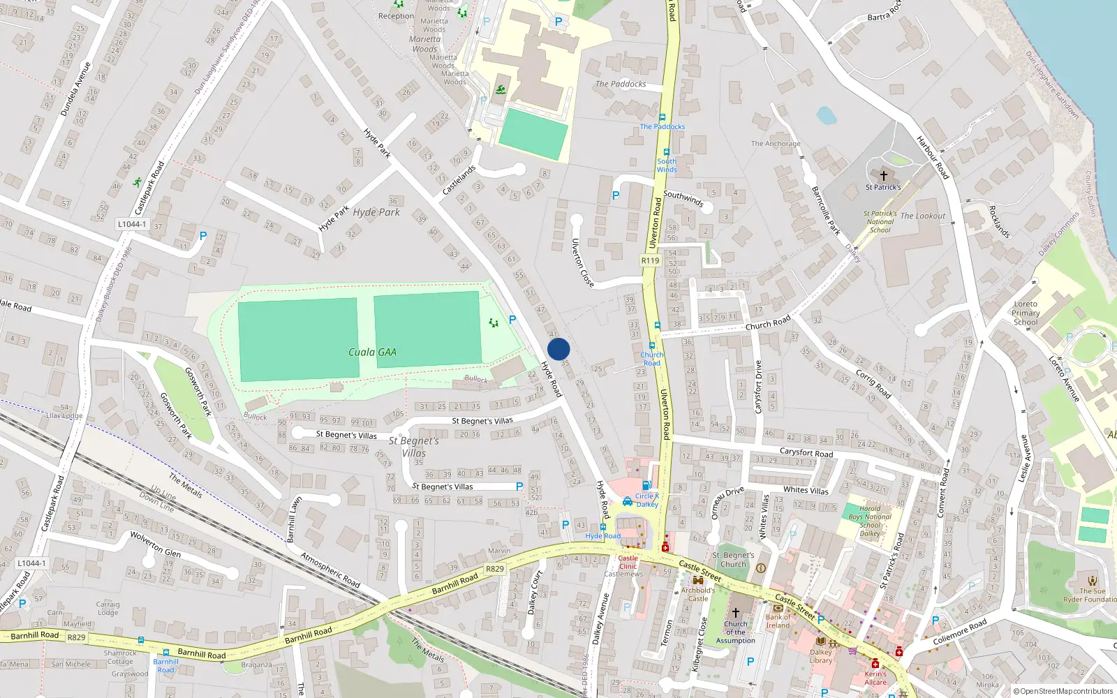 Overhead map showing the location of 37 Hyde Road, Dalkey