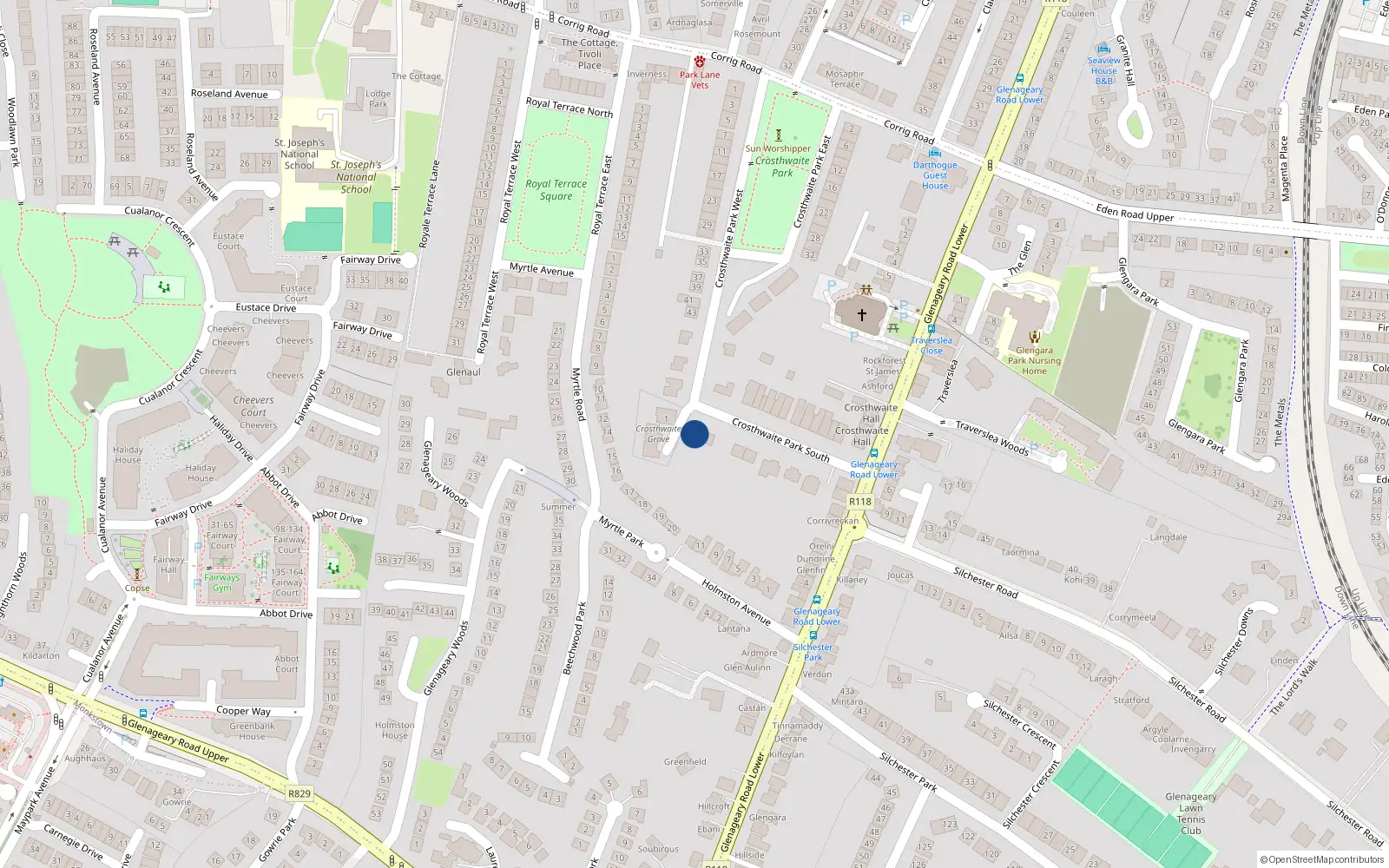 Overhead map showing the location of Crosthwaite Park South, Dun Laoghaire