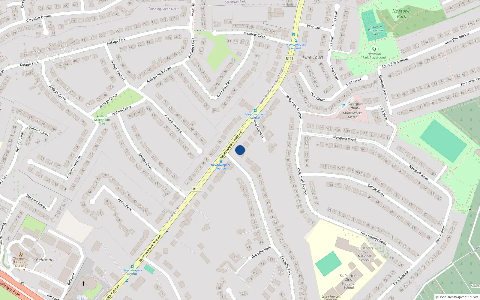 Overhead map showing the location of Granville Park, Blackrock