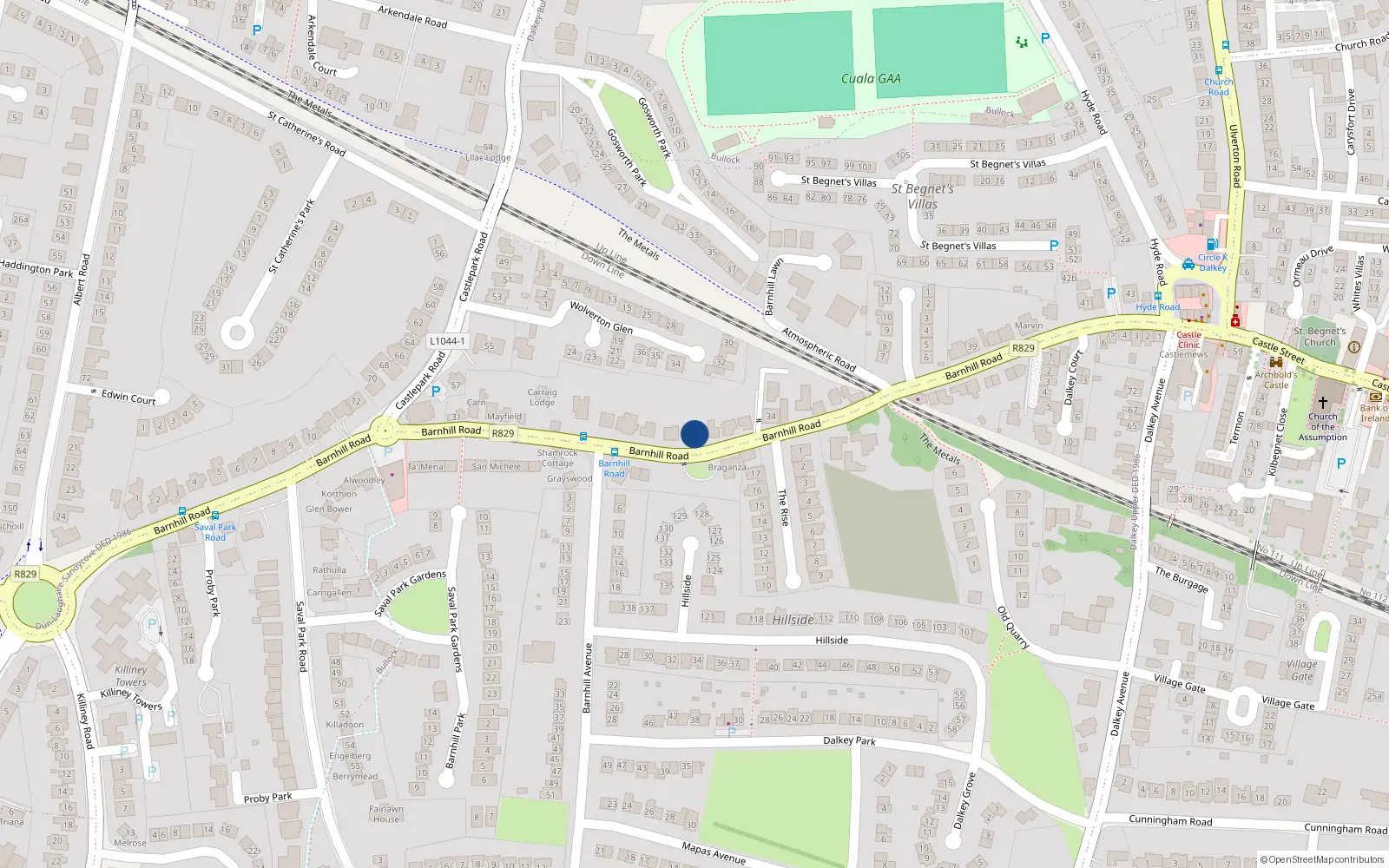 Overhead map showing the location of Barnhill Road, Dalkey