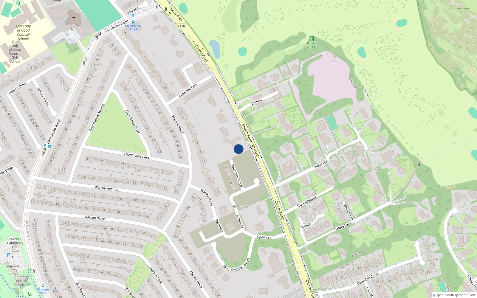 Overhead map showing the location of Church Road, Killiney