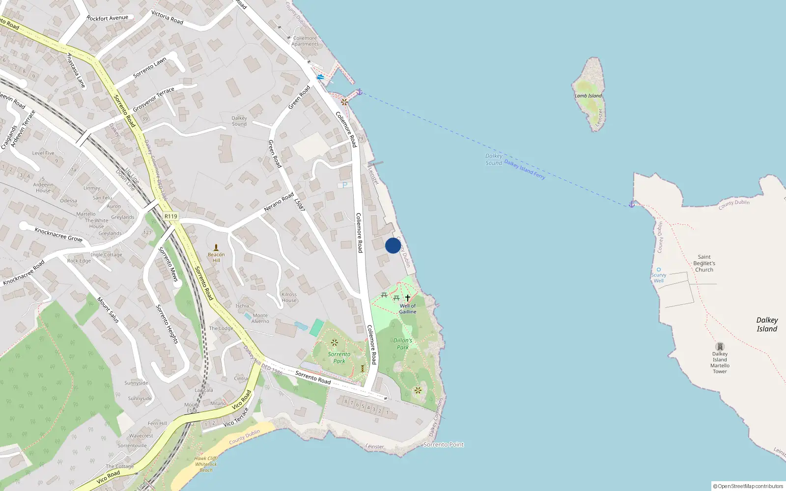 Overhead map showing the location of Derrybeg, 35A Coliemore Road, Dalkey
